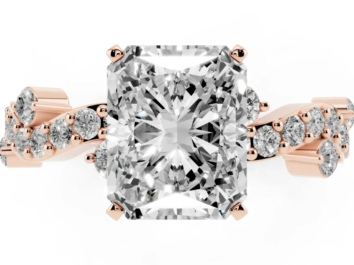 Radiant Cut Cut Solitaire Diamond Twisted Band with Pave Setting Rose gold
