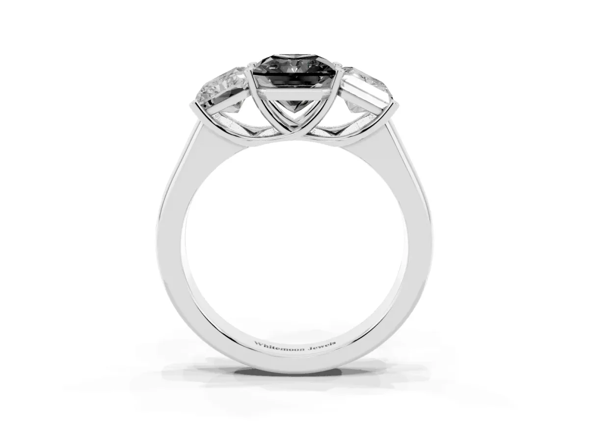Fancy Black Radiant Cut Three-Stone Diamond Ring with Prong Setting on a Classic Band Silver