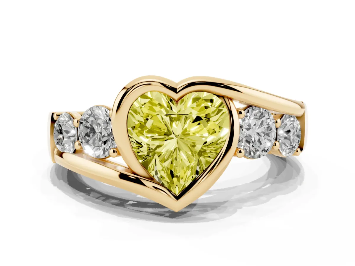Fancy Yellow Bezel Set Heart Cut Diamond Bypass Ring with Round Accents Yellow gold