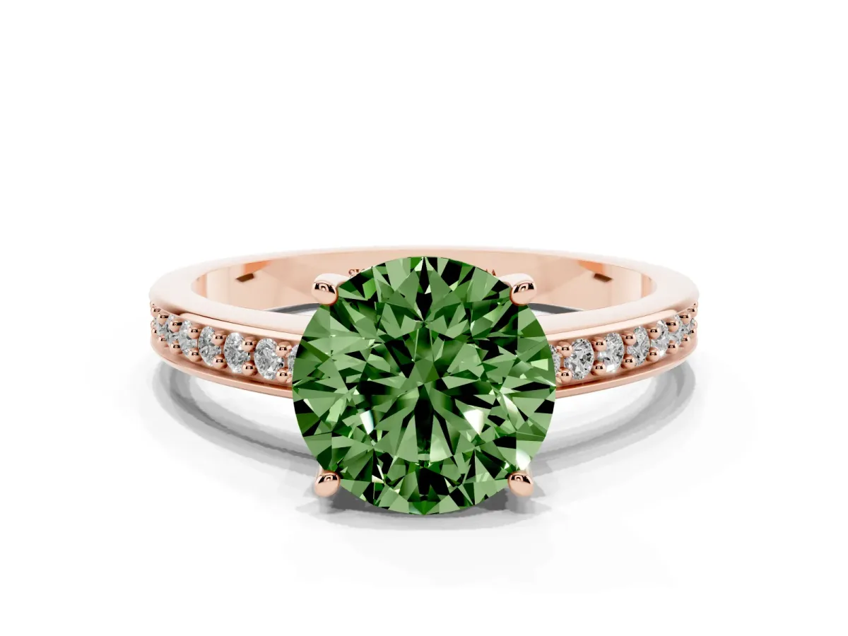 Fancy Green Round Cut Solitaire Pavé Band Prong Setting Ring Rose gold