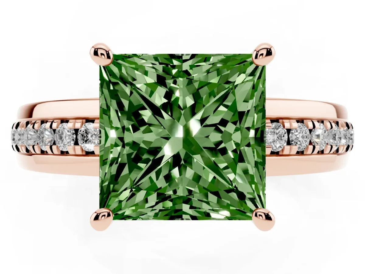 Fancy Green Princess Cut Solitaire Diamond Ring with Channel Set Band and Six-Prong Setting Rose gold