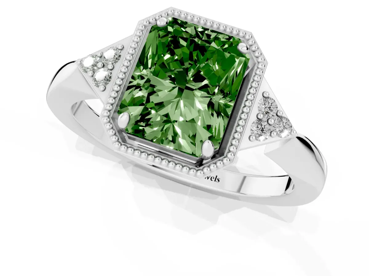 Fancy Green Radiant Cut Diamond Halo Ring with Tapered Band and Four-Prong Setting Platinum