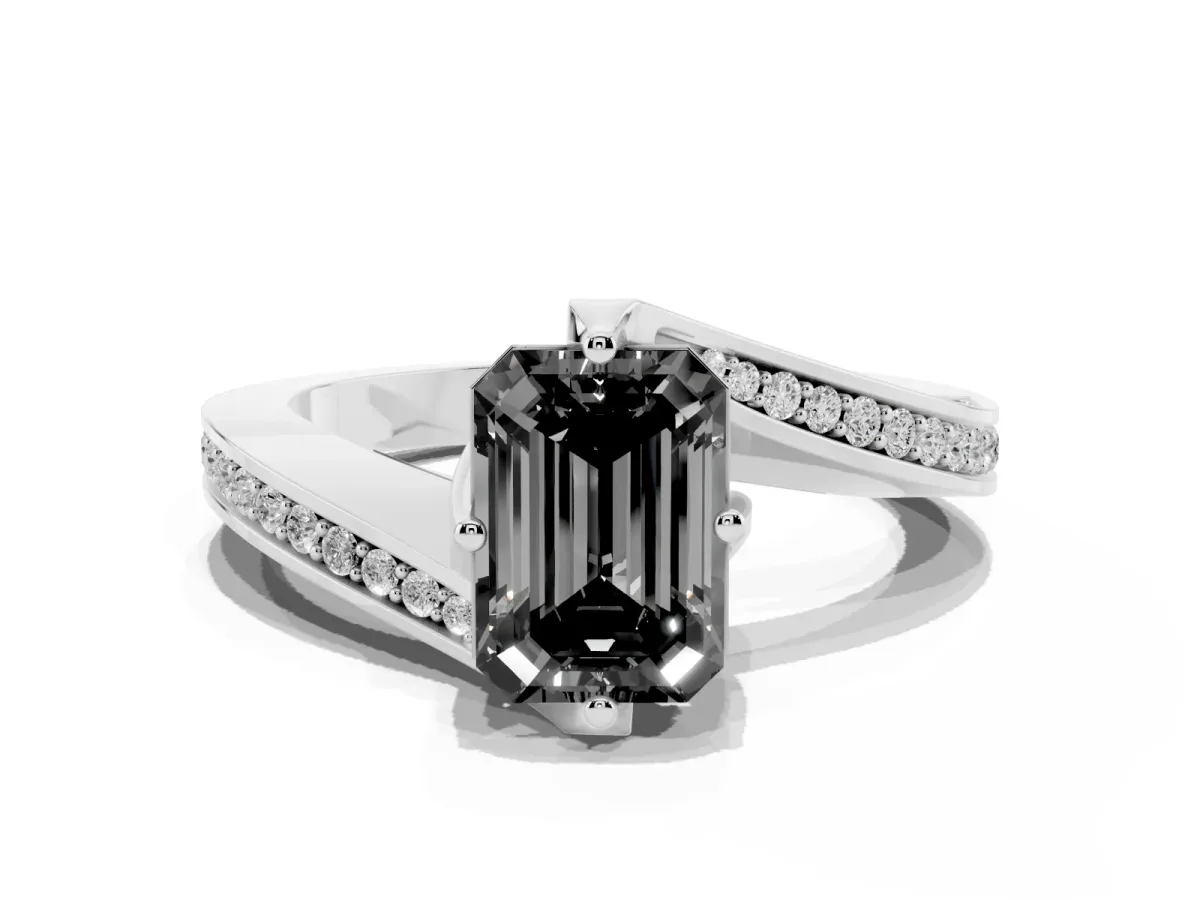 Fancy Black Emerald Cut Solitaire Diamond Twist Band with Pavé Setting and Four-Prong Setting Silver