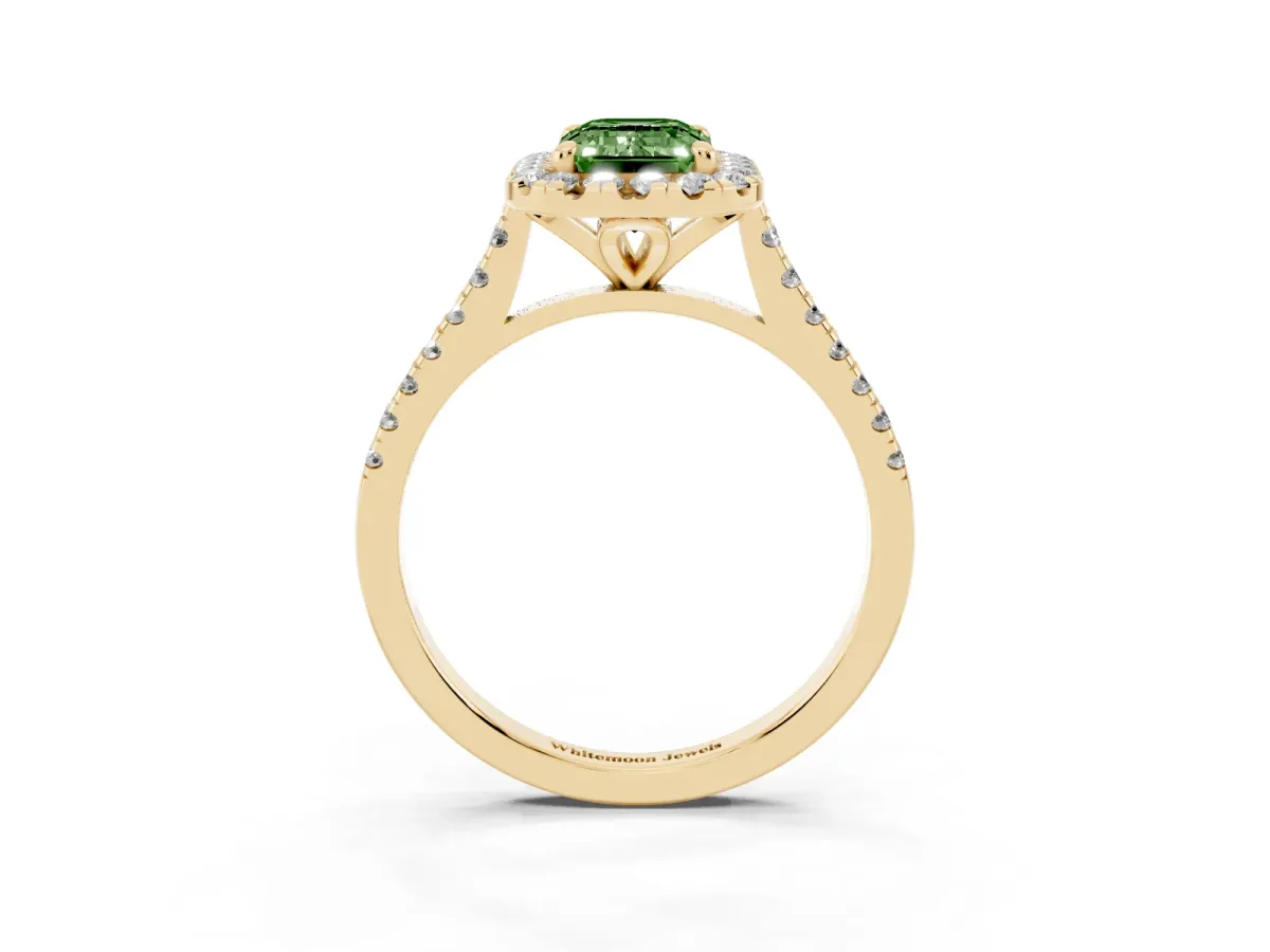Fancy Green Emerald Cut Diamond Cushion Halo Ring with Pavé Band Yellow gold