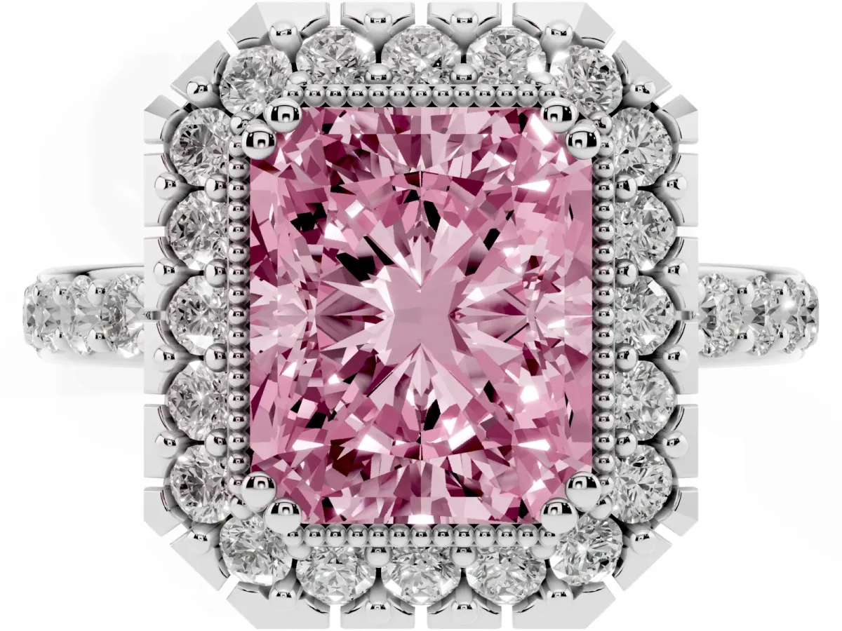 Fancy Pink Radiant Cut Diamond Halo Ring with Pavé Band and Prong Setting Silver