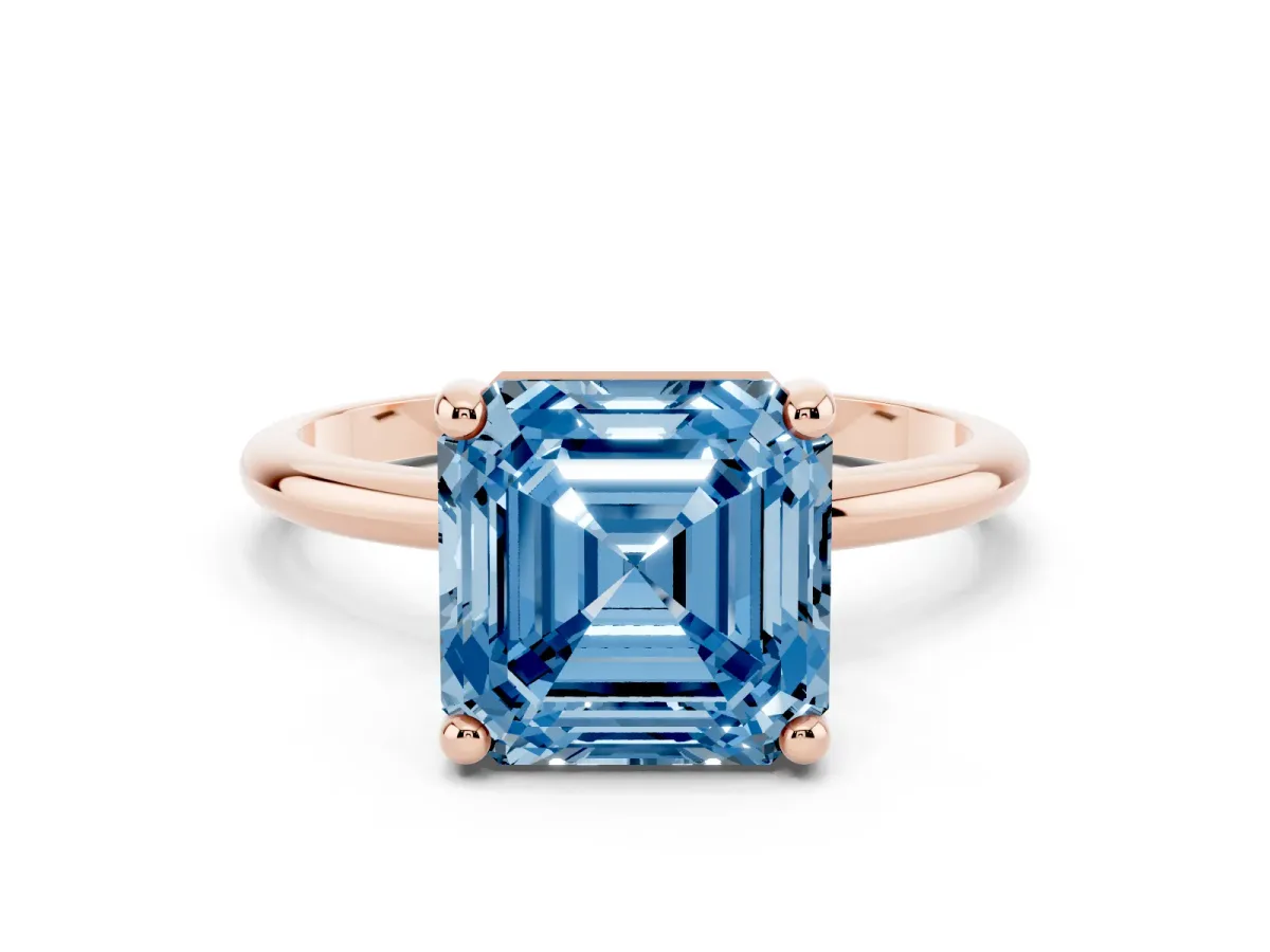 Fancy Blue Asscher Cut Solitaire Diamond Ring with 4-Prong Setting on a Classic Band Rose gold