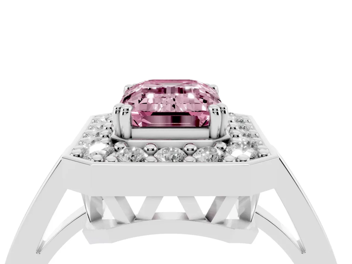 Fancy Pink Emerald Cut Diamond Halo Ring with Split Shank and Four-Prong Setting Silver