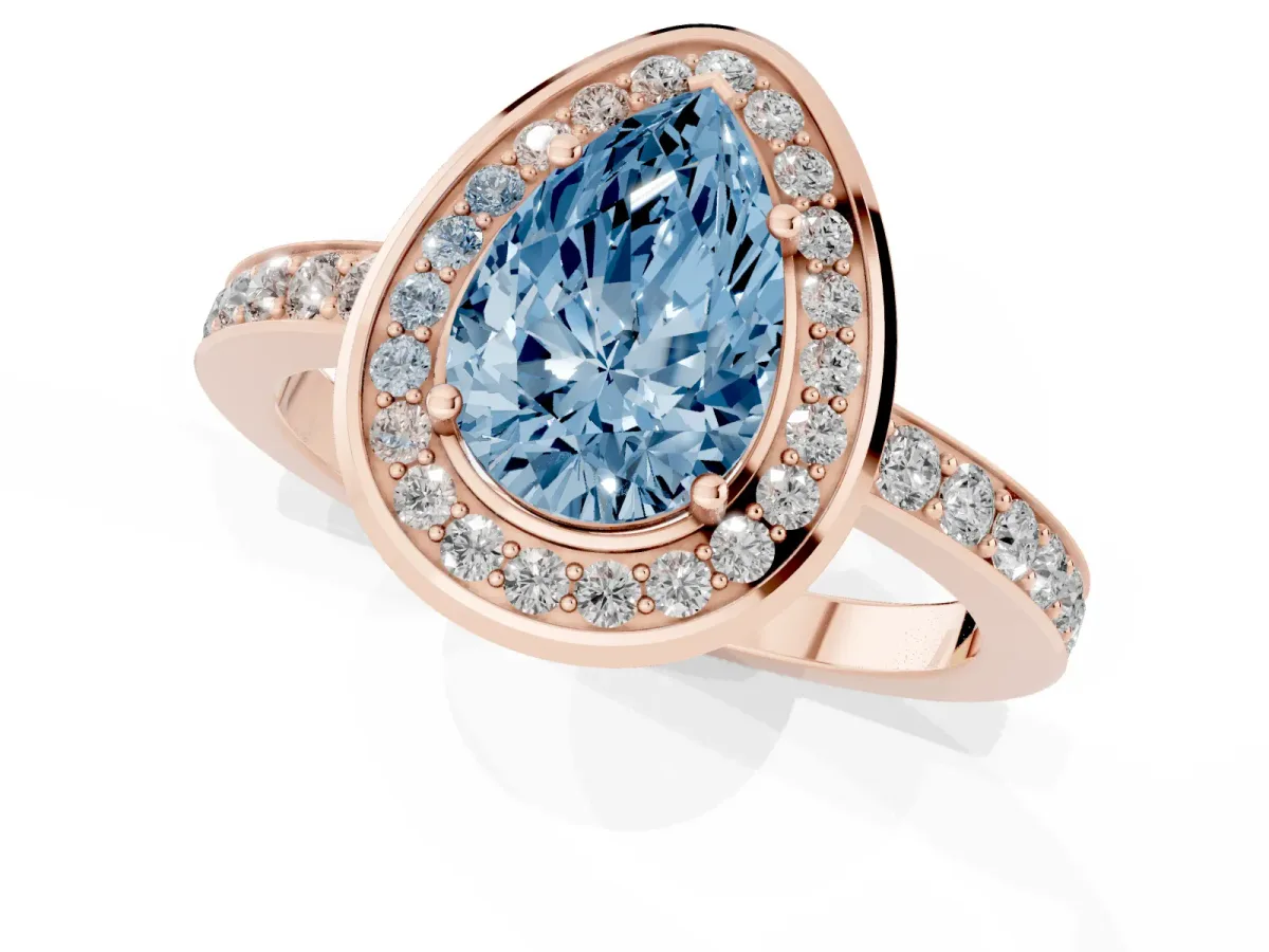 Fancy Blue Pear Cut Diamond Halo Ring with Bezel Frame and Pavé Band Rose gold