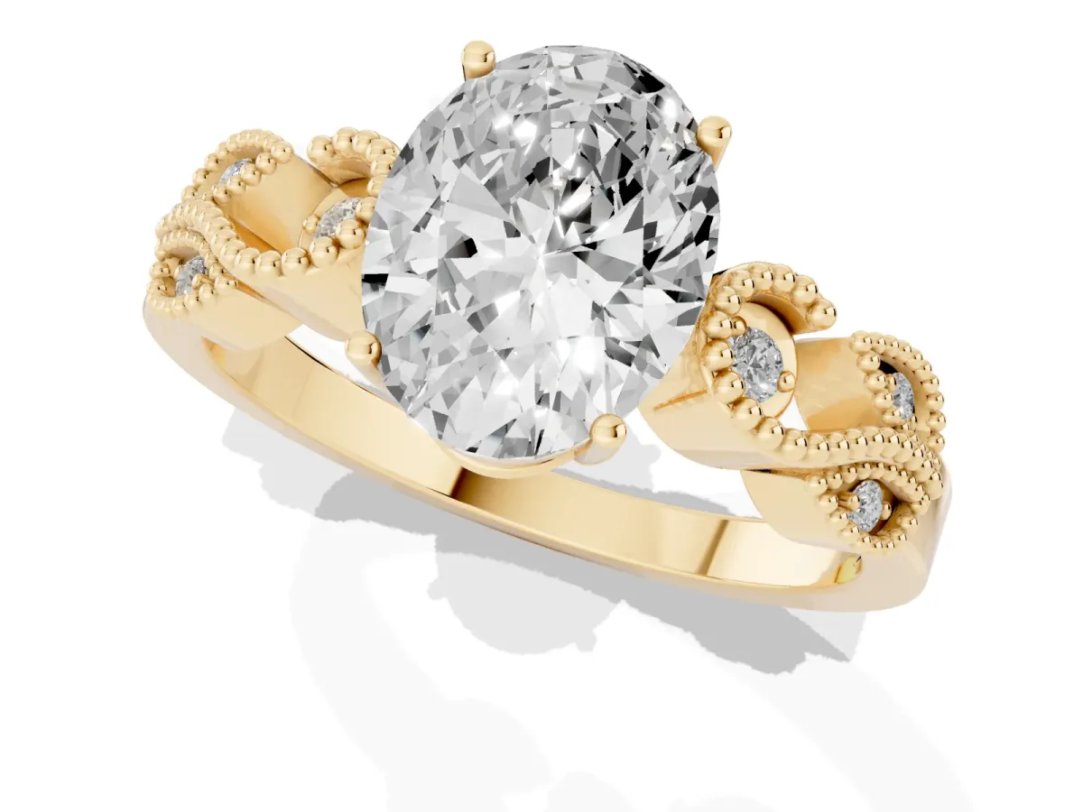 Oval Cut Solitaire Milgrain Leaf Band with Prong Setting Yellow gold