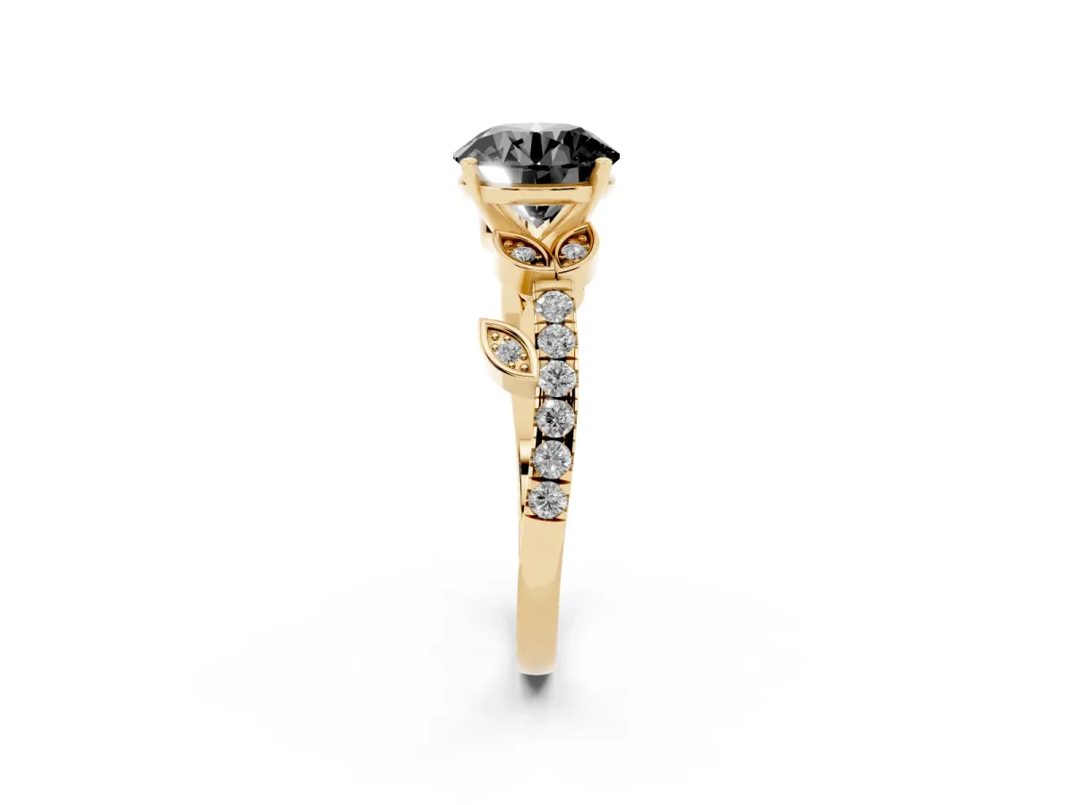Fancy Black Round Cut Solitaire Leaf-Inspired Diamond Ring with Pavé Band and Four-Prong Setting Yellow gold