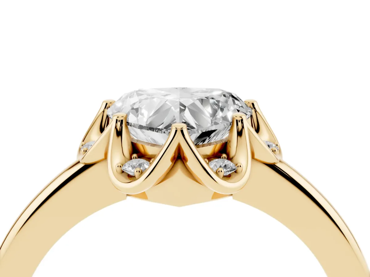 Heart Cut Halo Diamond Ring with Round Cluster Setting, Solitaire Band, and Four-Prong Setting Yellow gold