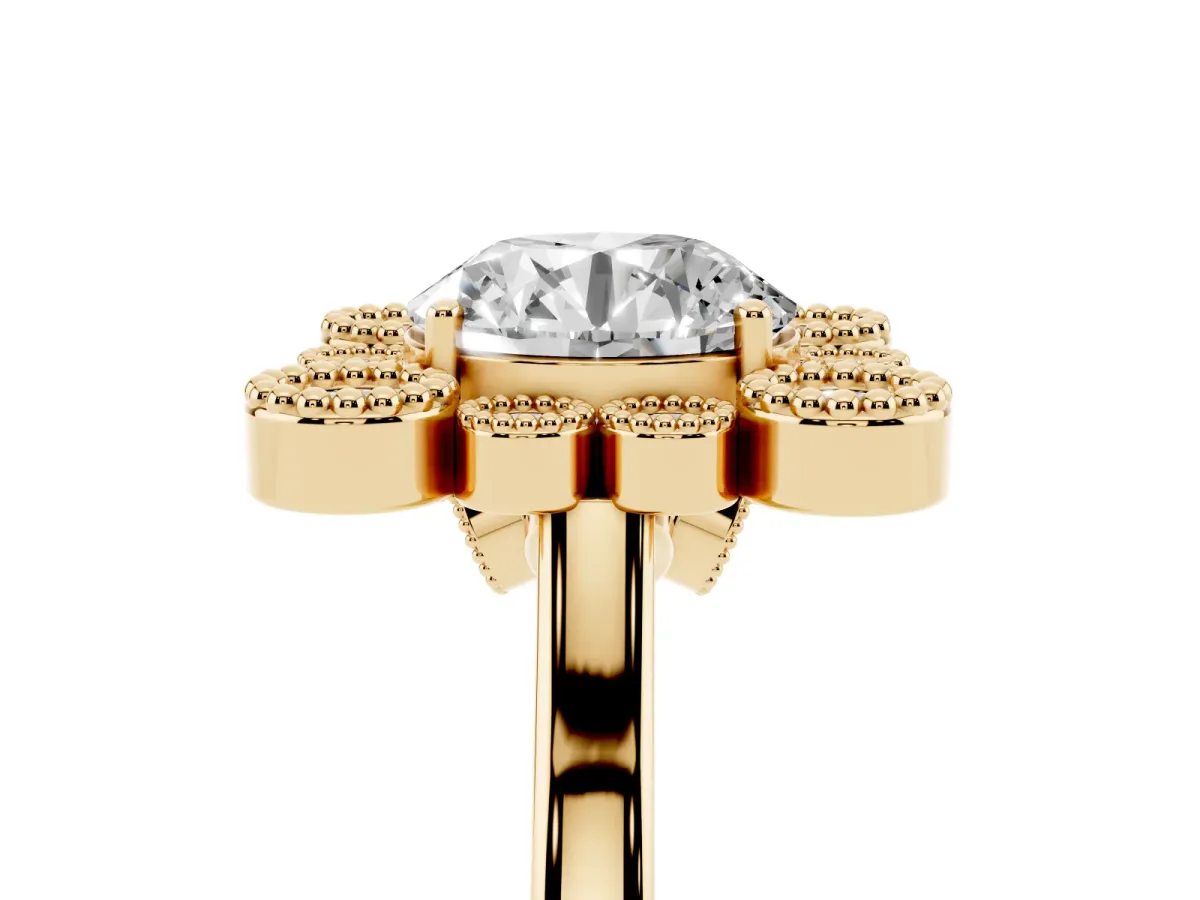 Round Cut Halo Diamond Cluster Engagement Ring with Milgrain Bezel Setting and Solitaire Band Yellow gold