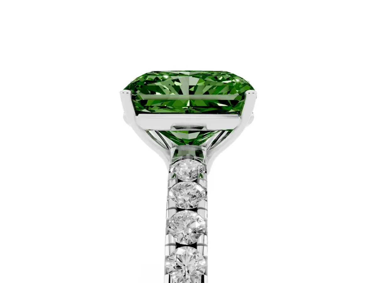 Fancy Green Radiant Cut Diamond Pavé Solitaire Engagement Ring with Four-Prong Setting Silver