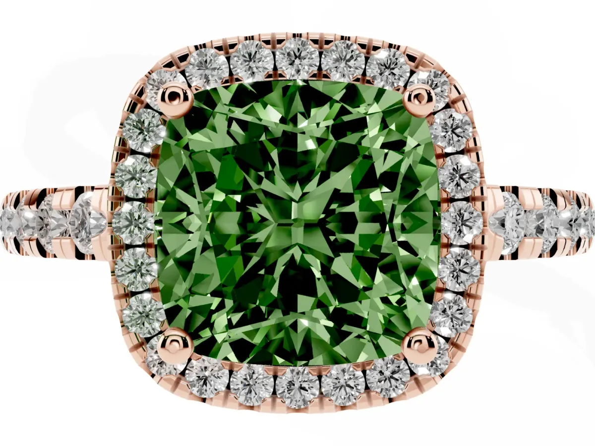 Fancy Green Cushion Cut Diamond Halo Ring with Pavé Band and Four-Prong Setting Rose gold