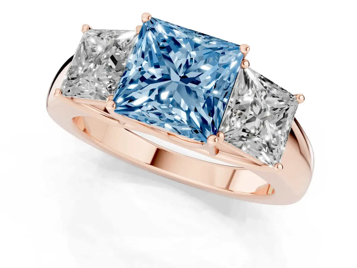 Fancy Blue Three-Stone Princess Cut Cut Diamond Ring with Prong Setting and Classic Band Rose gold