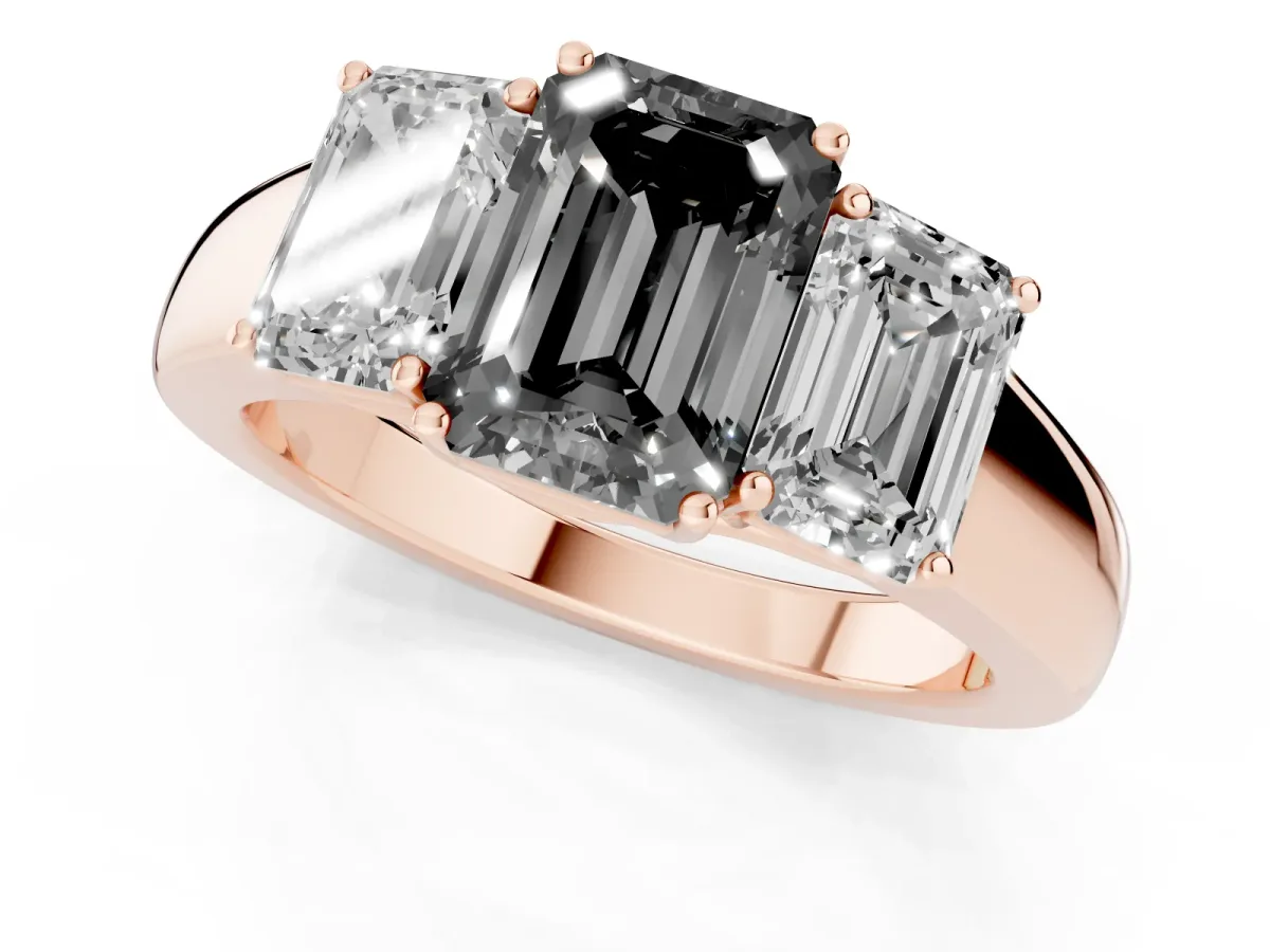Fancy Black Three-Stone Emerald Cut Cut Diamond Ring with Prong Setting and Classic Band Rose gold