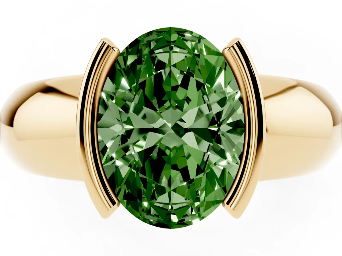 Fancy Green Oval Cut Solitaire Tension Set Diamond Ring with Wide Band Yellow gold