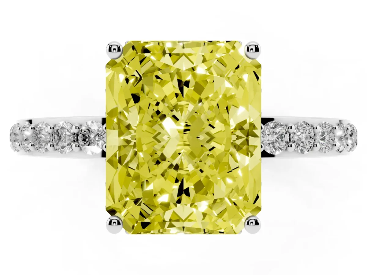 Fancy Yellow Radiant Cut Diamond Solitaire Ring with Pavé Band and Hidden Halo Platinum