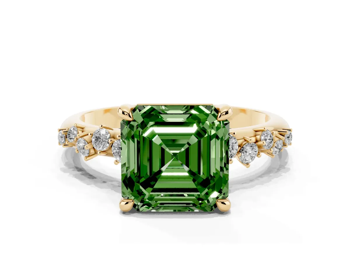 Fancy Green Asscher Cut Cut Diamond Vine Band with Four-Prong Setting Yellow gold