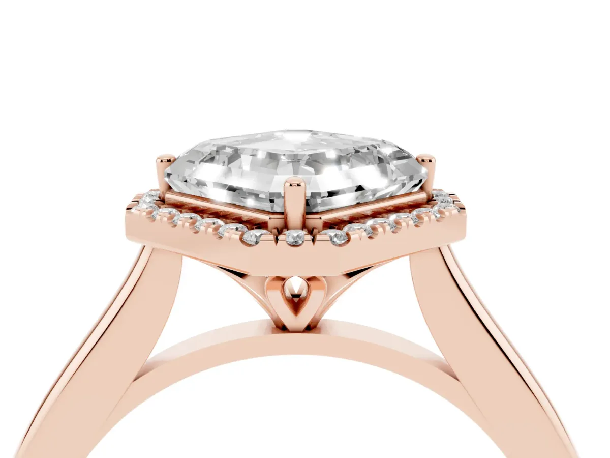 Asscher Cut Halo Round Diamond Solitaire Engagement Ring with Pave Band and Four-Prong Setting Rose gold