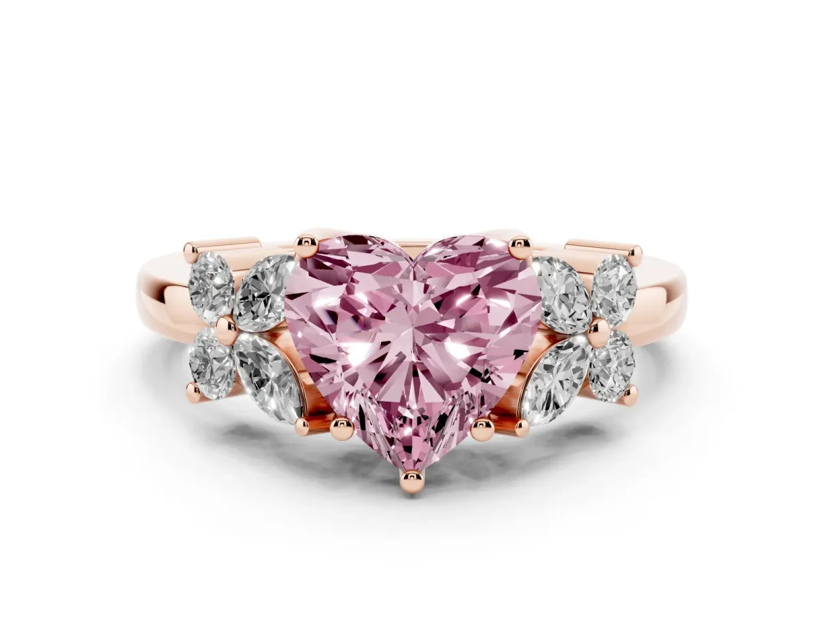 Fancy Pink Heart Cut Diamond Floral Cluster Ring with Solitaire Band and Prong Setting Rose gold
