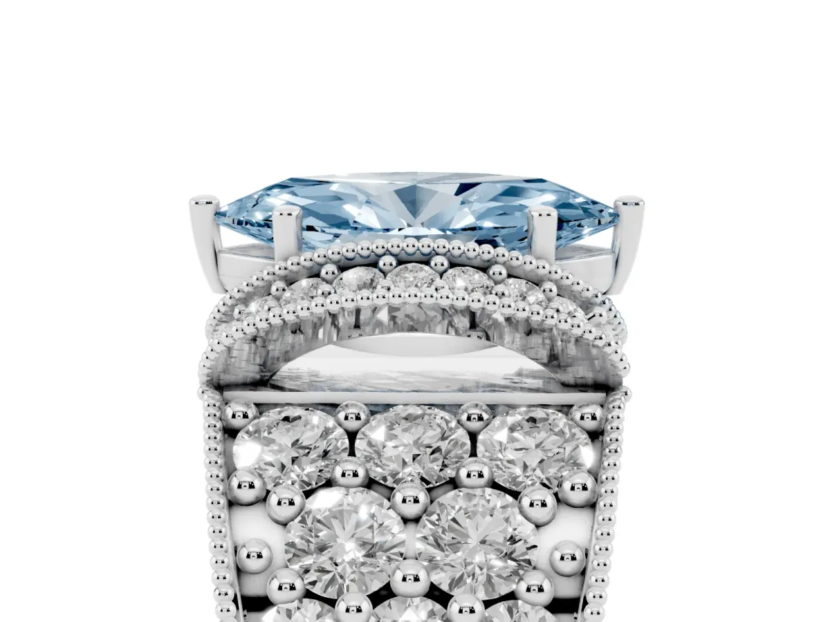 Fancy Blue Marquise Cut Halo Pave Diamond Engagement Ring with Milgrain Detailing White gold