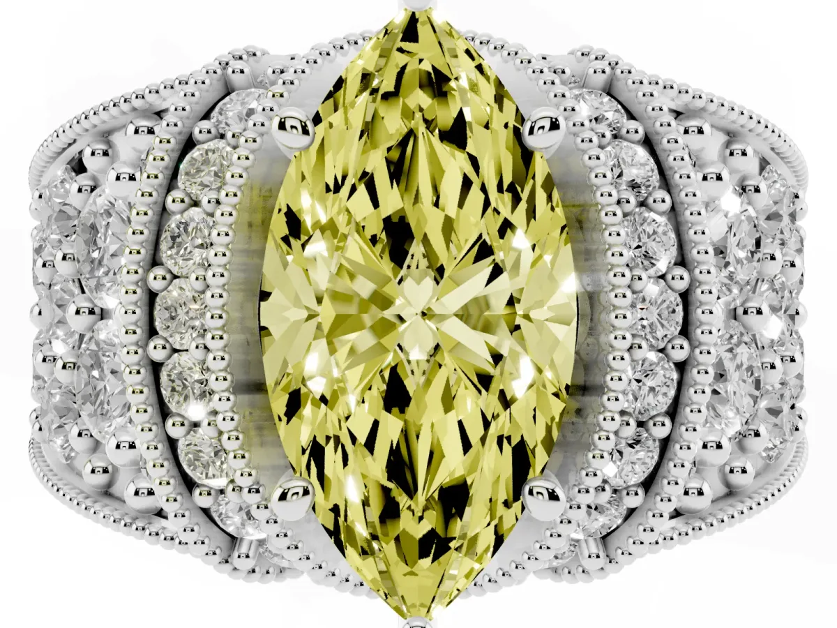 Fancy Yellow Marquise Cut Halo Pave Diamond Engagement Ring with Milgrain Detailing Platinum