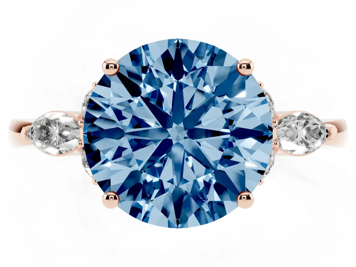 Fancy Blue Round Cut Brilliant Diamond Solitaire Ring with Pear Side Stones and Four-Prong Setting Rose gold