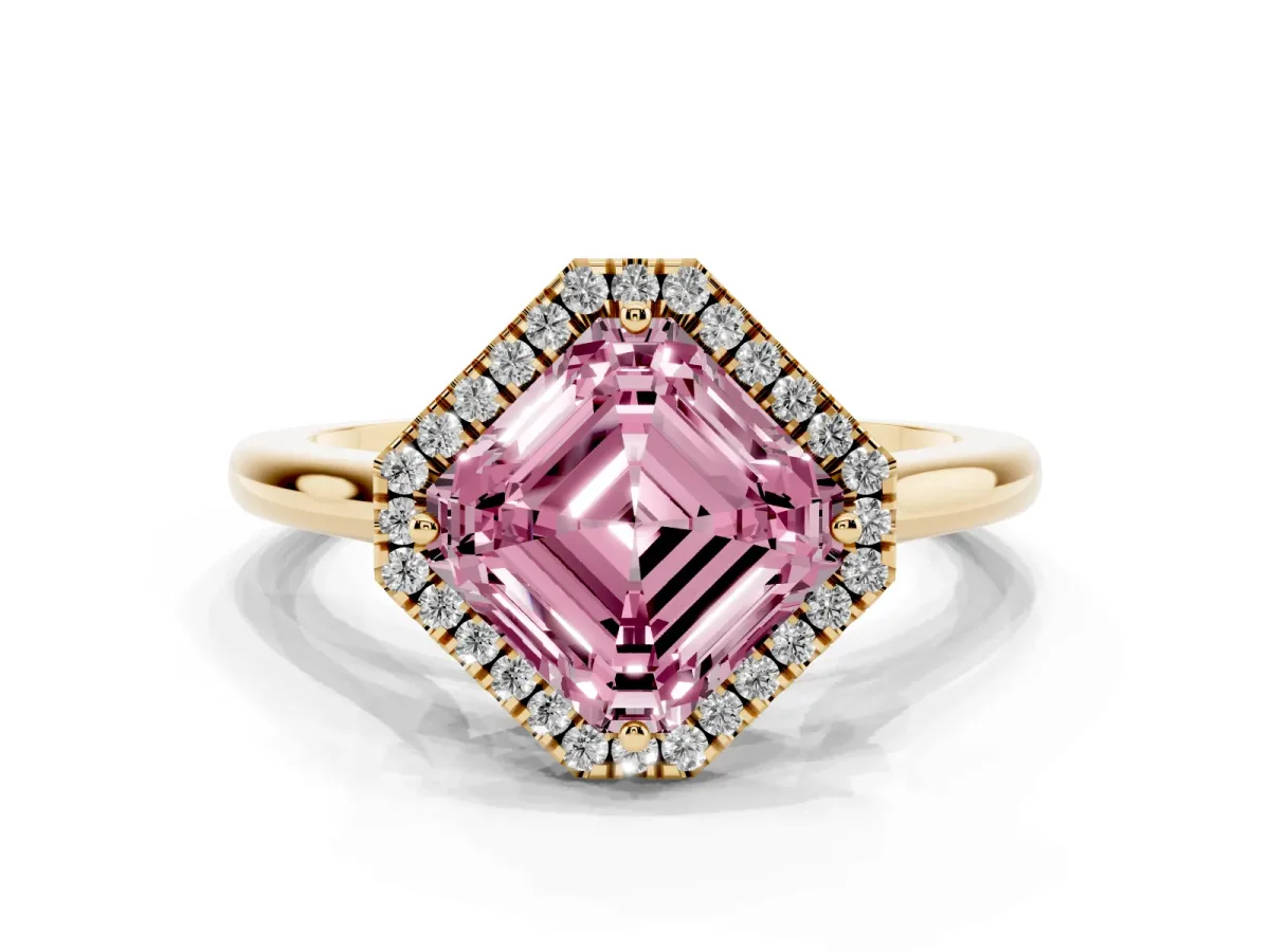 Fancy Pink Asscher Cut Halo Round Diamond Solitaire Engagement Ring with Pave Band and Four-Prong Setting Yellow gold