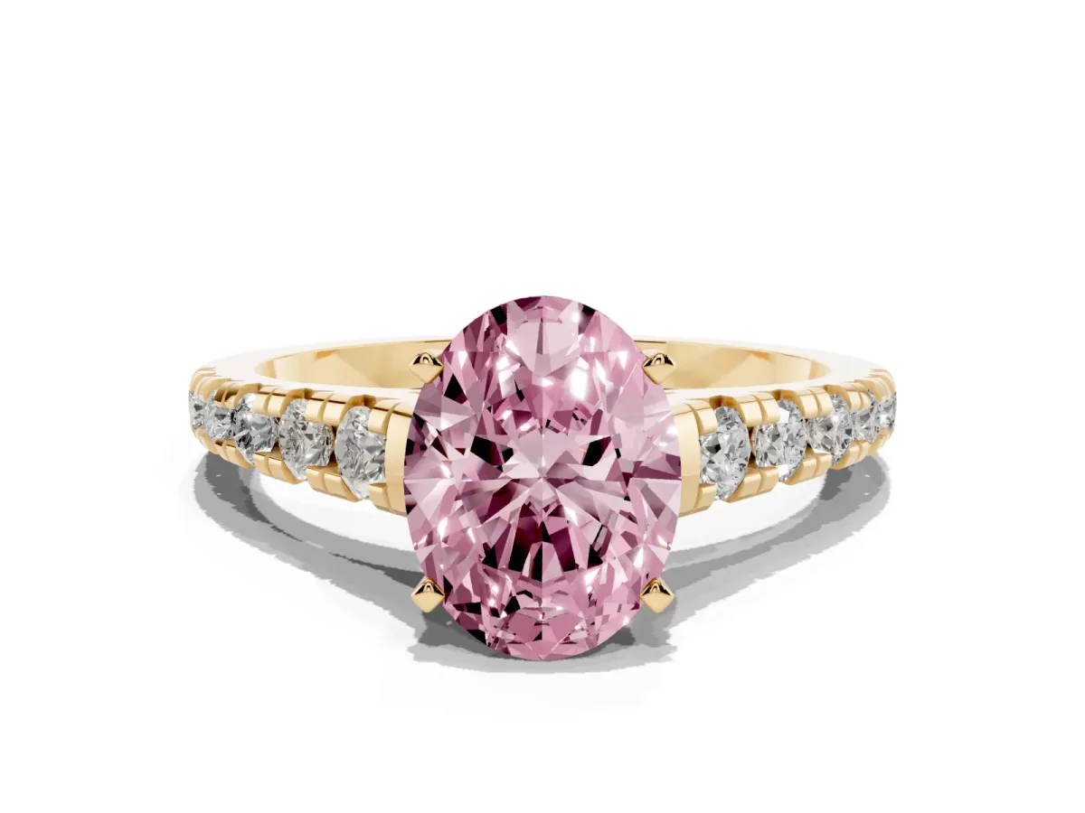 Fancy Pink Oval Cut Diamond Cathedral Solitaire Ring with Round Pavé Band Yellow gold