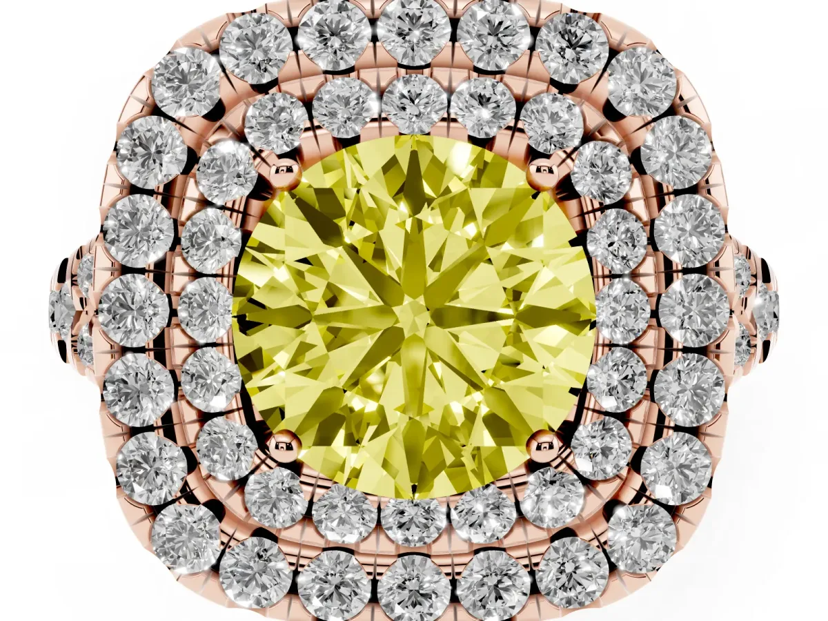 Fancy Yellow Double Halo Round Cut Diamond Pavé Split Shank Ring with Prong Setting Rose gold