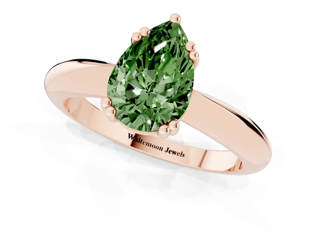 Fancy Green Pear Cut Cut Solitaire Engagement Ring with Tapered Band and Four-Prong Setting Rose gold