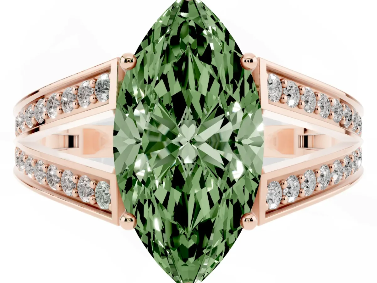 Fancy Green Marquise Cut Diamond Split Shank Ring with Pavé Band and Four-Prong Setting Rose gold