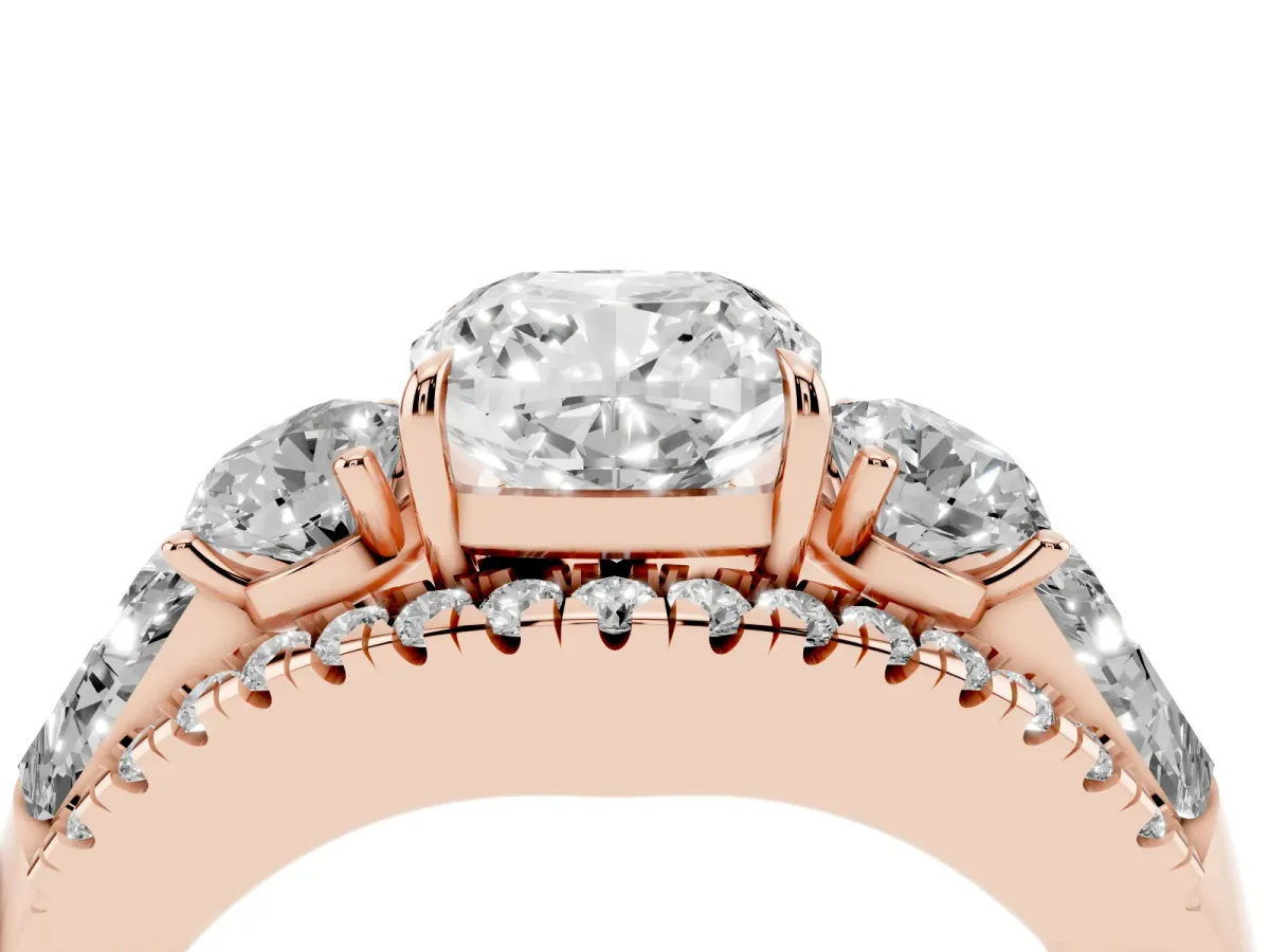 Three-Stone Cushion Cut Diamond Engagement Ring with Pave Band and Prong Setting Rose gold