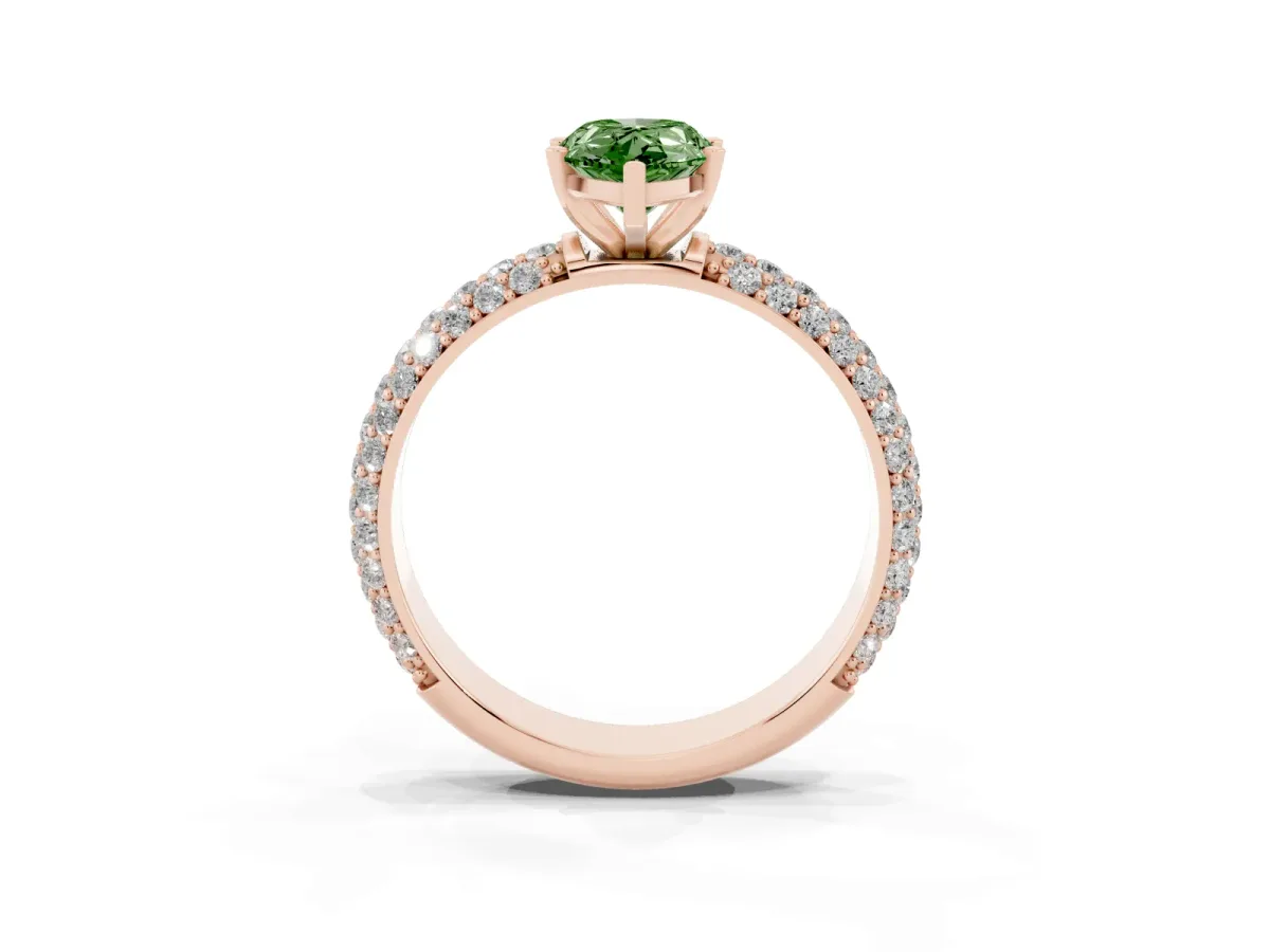 Fancy Green Pear Cut Diamond Solitaire Ring with Prong Setting and Pavé Band Rose gold
