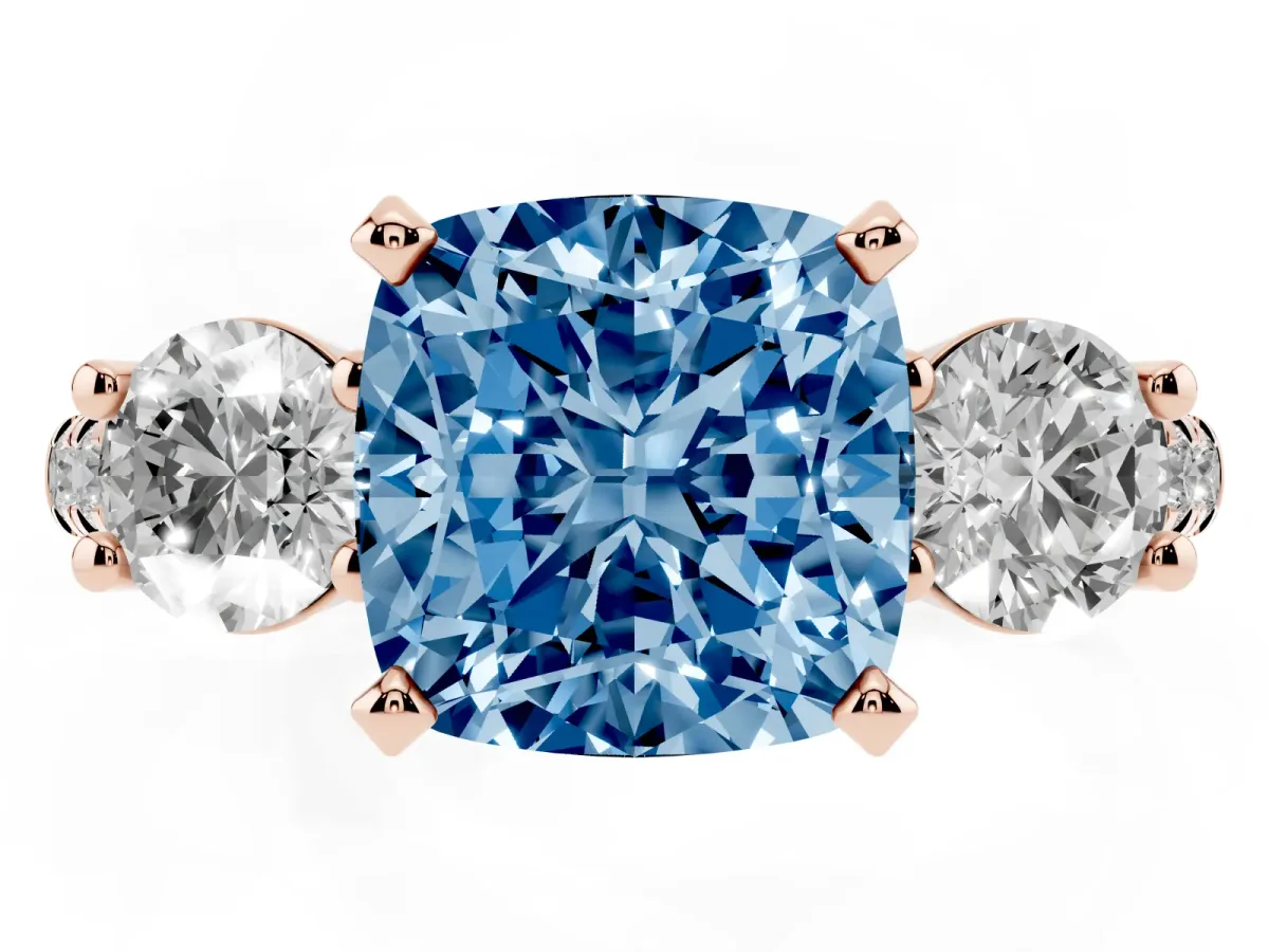Fancy Blue Three-Stone Cushion Cut Diamond Pavé Band with Four-Prong Setting Rose gold