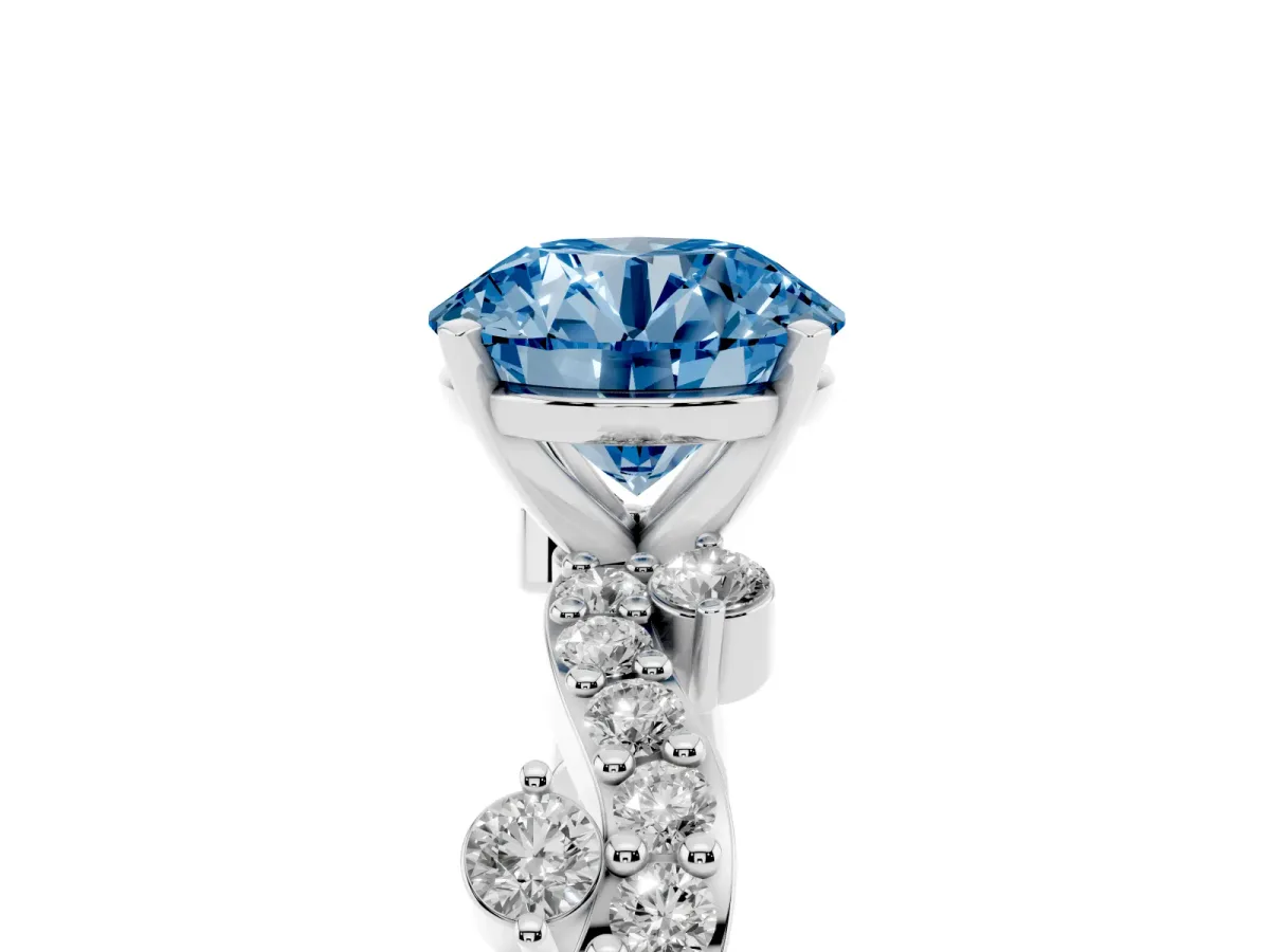 Fancy Blue Round Cut Cut Solitaire Diamond Twisted Band with Pave Setting White gold
