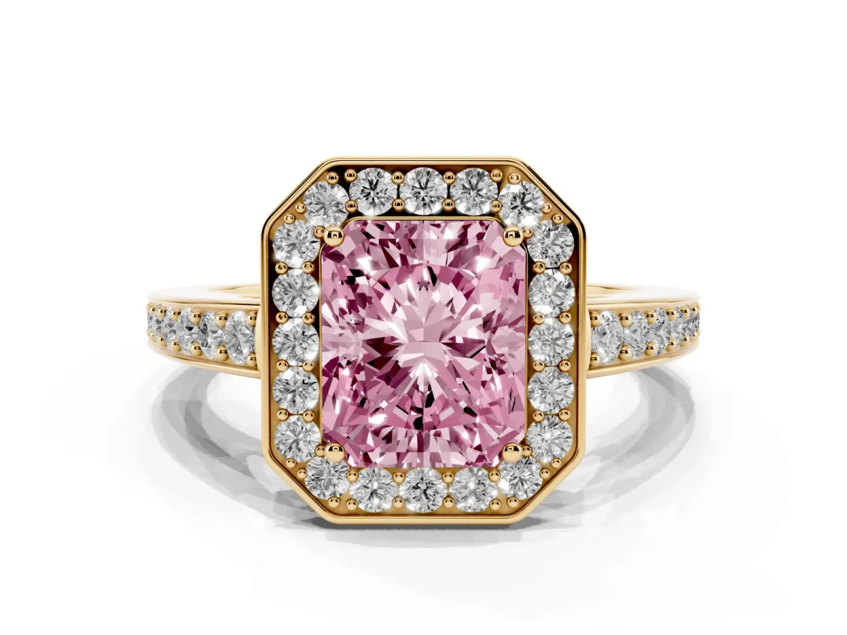Fancy Pink Radiant Cut Halo Pavé Diamond Engagement Ring with Bezel Setting Yellow gold