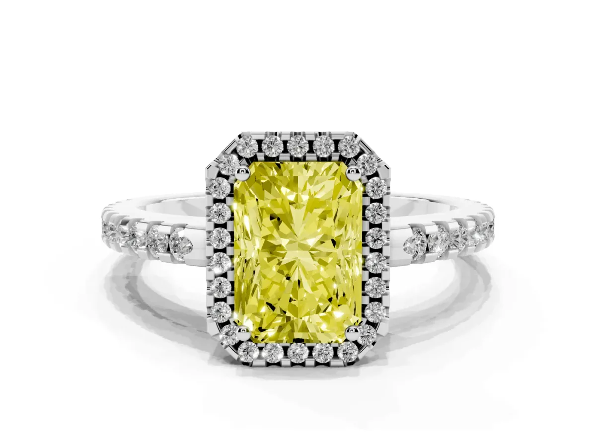 Fancy Yellow Radiant Cut Diamond Halo Engagement Ring with Pavé Band and Prong Setting Silver
