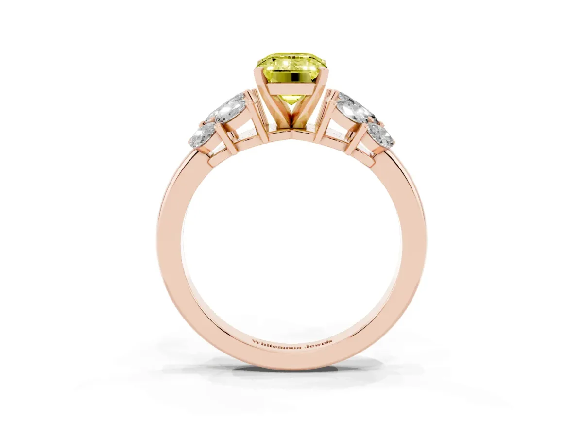 Fancy Yellow Emerald Cut Diamond Cluster Leaf Design Ring with Prong Setting Rose gold
