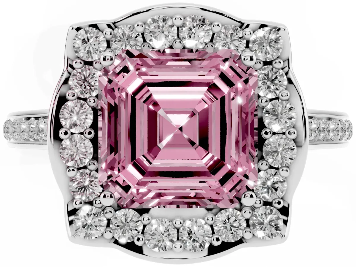 Fancy Pink Asscher Cut Halo Round Diamond Pave Band with Four-Prong Setting Platinum