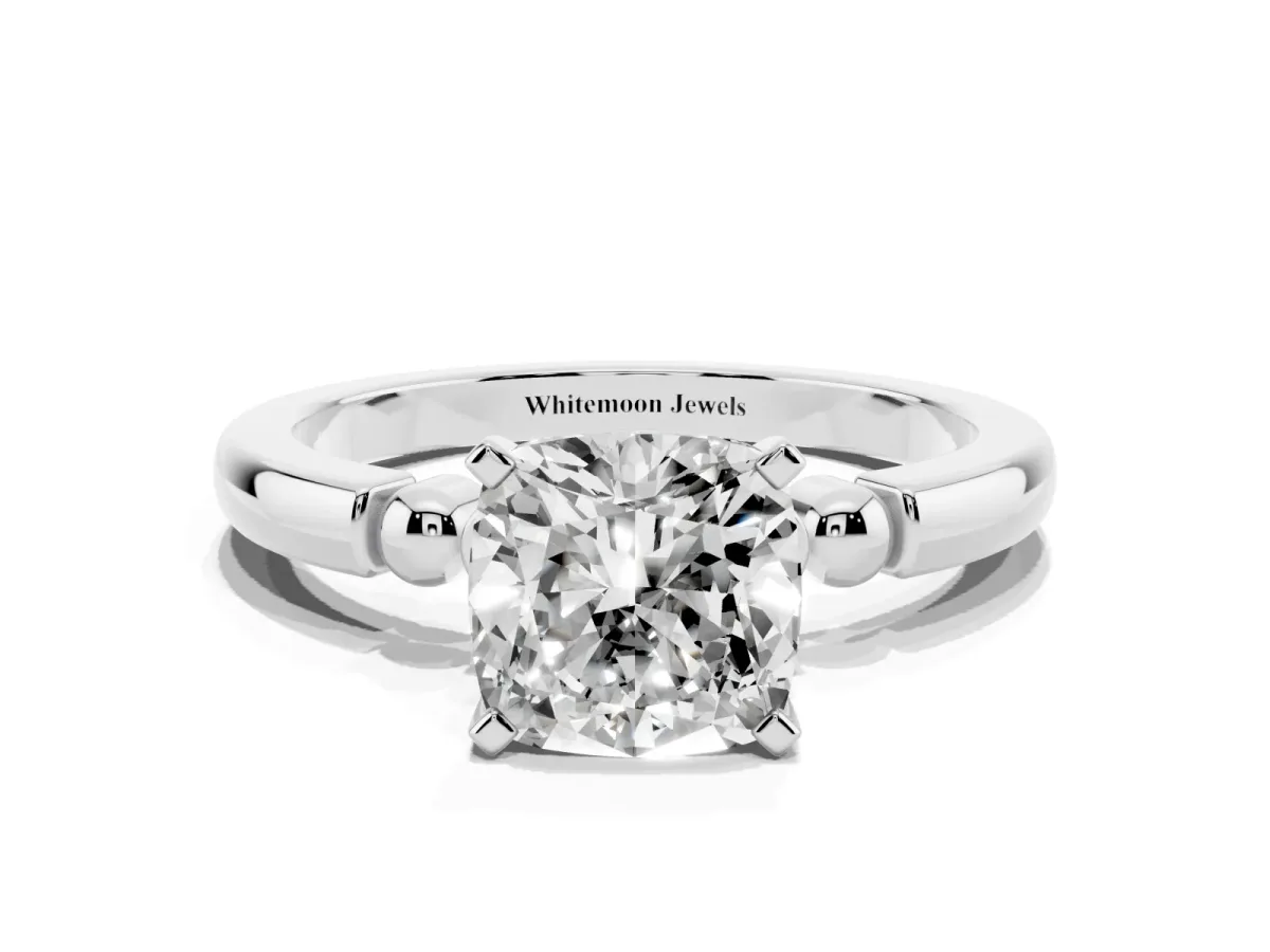 Cushion Cut Solitaire Beaded Band with Four-Prong Setting Silver