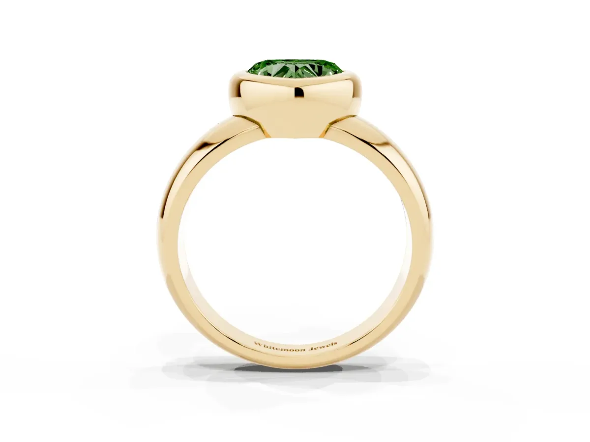 Fancy Green Bezel Set Heart Cut Solitaire Ring with Wide Band Yellow gold