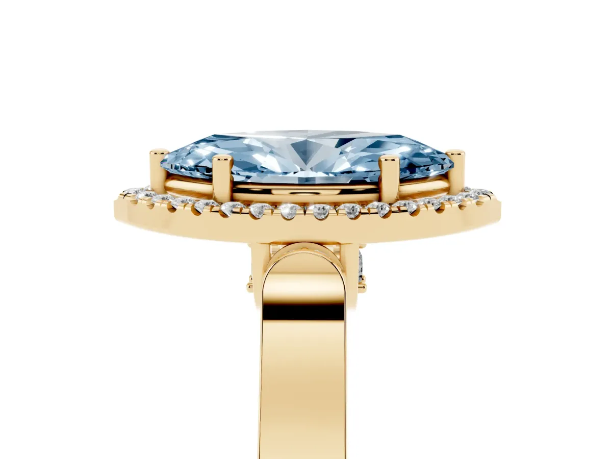 Fancy Blue Marquise Cut Halo Round Diamond Twist Band with Four-Prong Setting Yellow gold