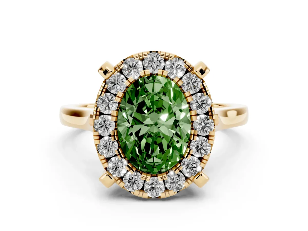 Fancy Green Oval Cut Diamond Cluster Halo Solitaire with Four-Prong Setting Yellow gold