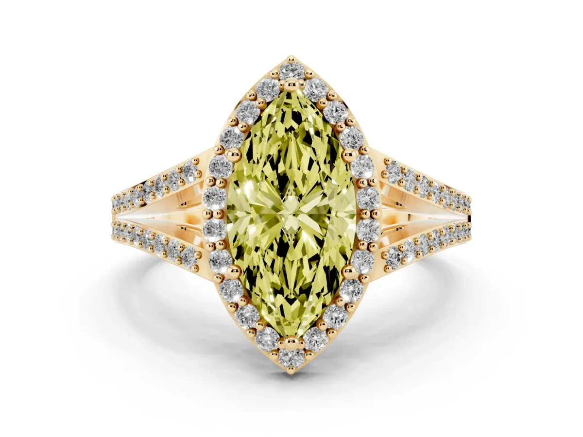 Fancy Yellow Marquise Cut Halo Split Shank Pave Diamond Ring with Four-Prong Setting Yellow gold