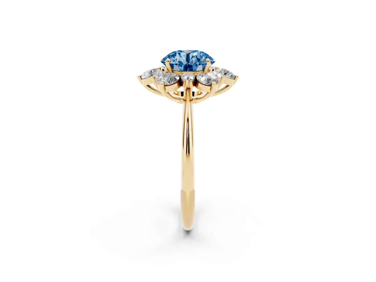 Fancy Blue Round Cut Diamond Cluster Halo Ring with Solitaire Band and Four-Prong Setting Yellow gold