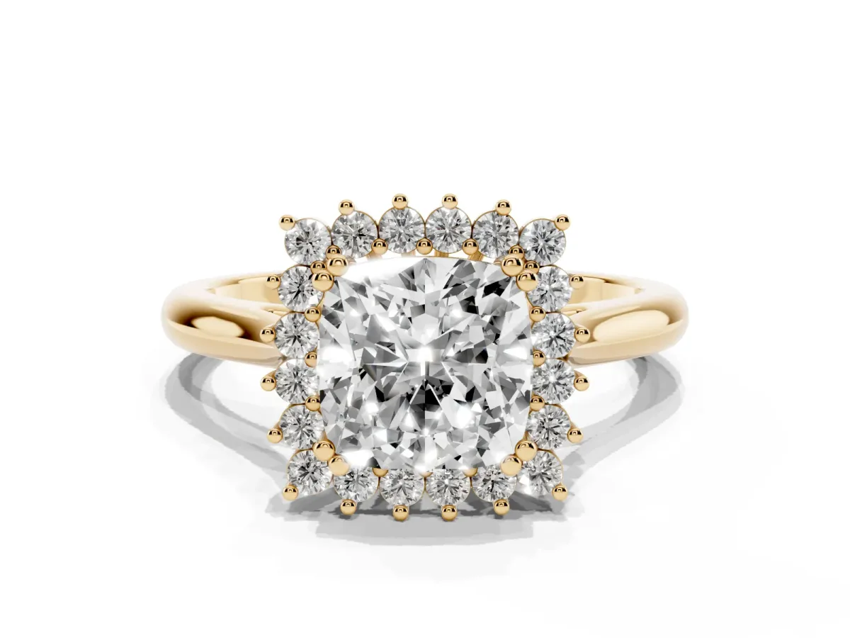 Cushion Cut Cut Diamond Halo Ring with Solitaire Band and Prong Setting Yellow gold