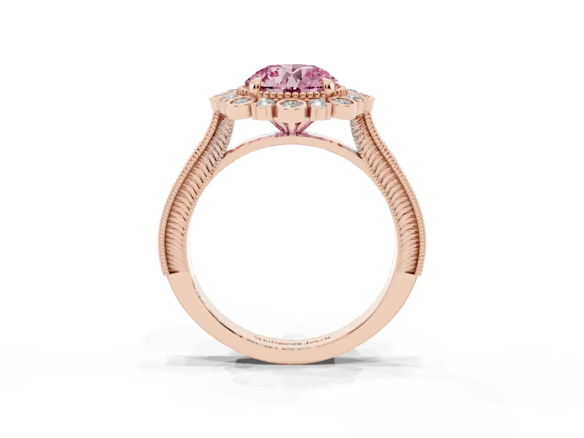 Fancy Pink Round Cut Halo Milgrain Pave Diamond Ring with Four-Prong Setting Rose gold