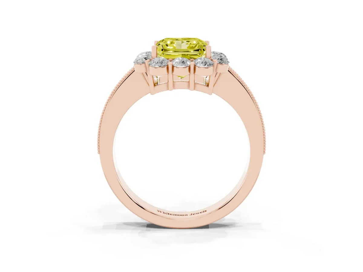 Fancy Yellow Princess Cut Cut Halo Diamond Pavé Engagement Ring with Milgrain Detailing Rose gold